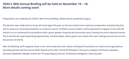 OSAC's 36th Annual Briefing will be held on November 16-18